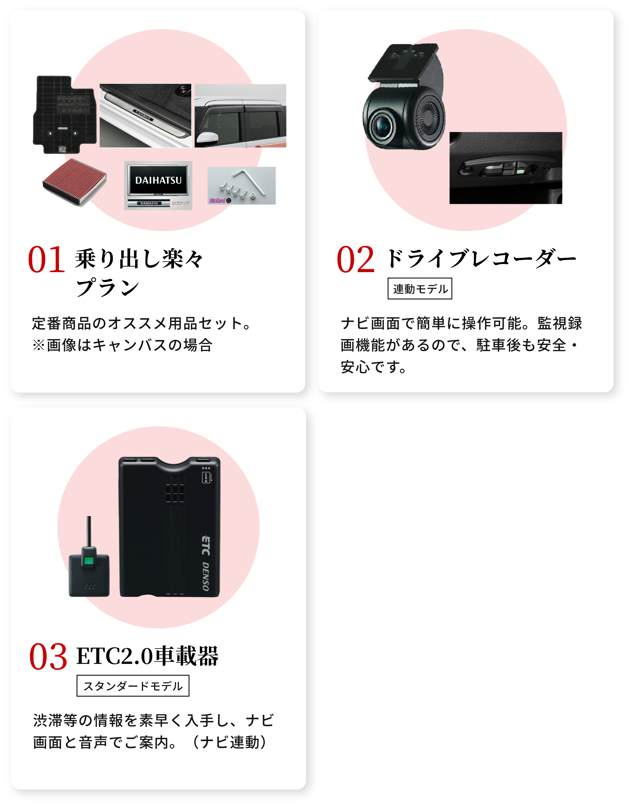 01ドライブレコーダー(連動モデル) 02 ETC2.0車載器(スタンダードモデル) 03乗り出し楽々プラン